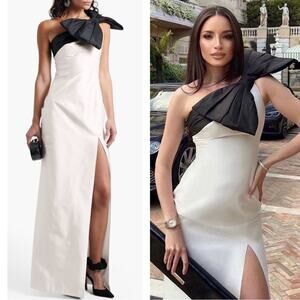 RASARIO One Shoulder Bow Embellished Silk Satin Black and White Maxi Gown Sz 10
